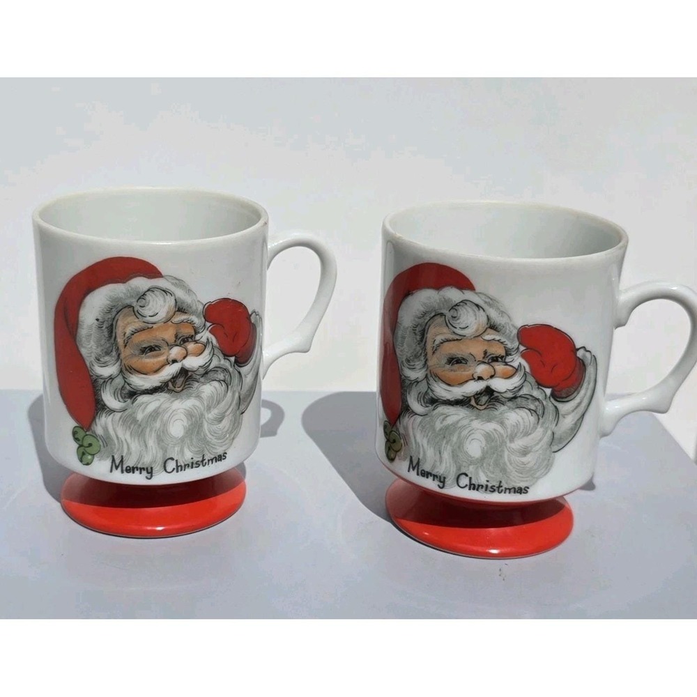 2 Lefton Vtg Santa Claus Face Merry Christmas Footed Pedestal Mugs/Cups #7235